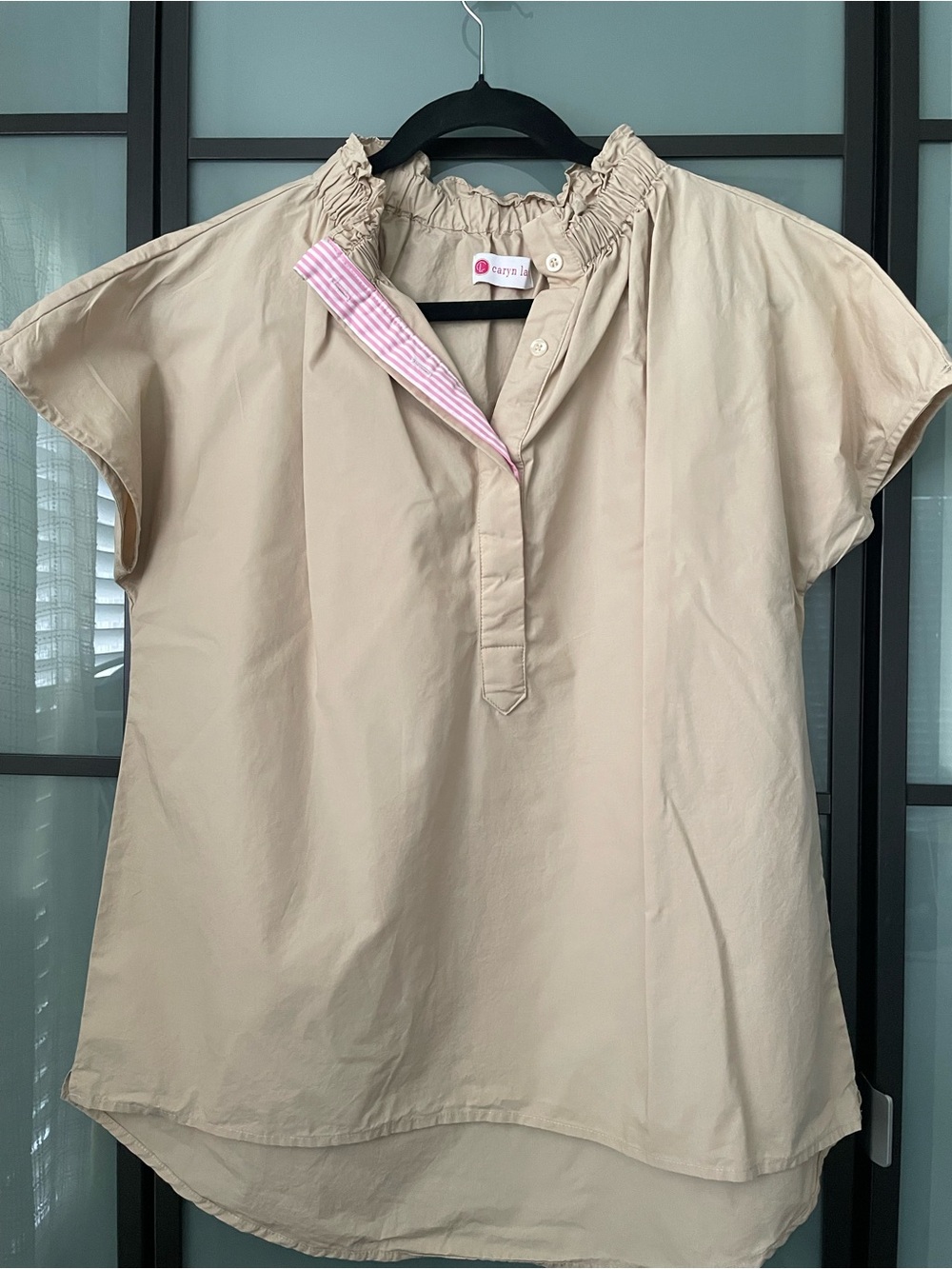 Caryn Lawn Beige Short-Sleeve Ruffle-Neck Blouse with Pink Trim 100% Cotton